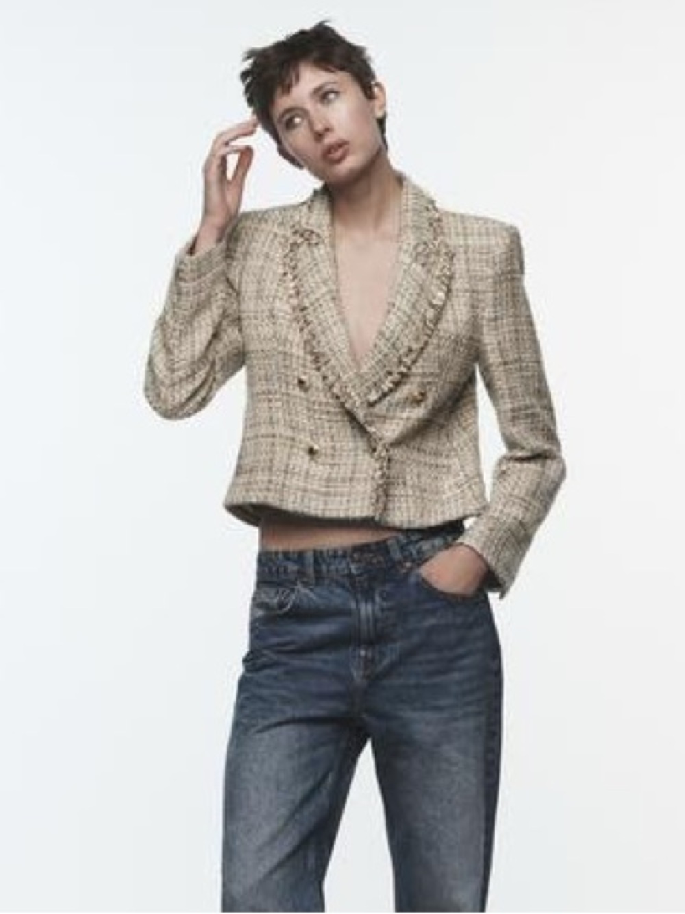 NWT Zara Cropped Tweed Double-Breasted Blazer - Beige/White